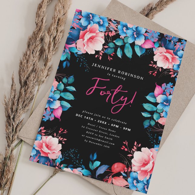 Convite Aniversário de 40 anos Floral de Aquarela Brilhant (Bright Watercolor Floral 40th Birthday Black Invitation)