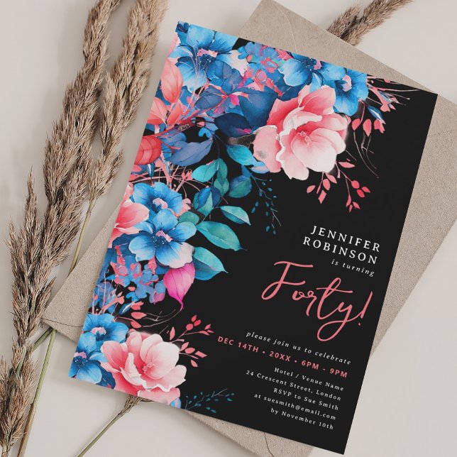 Convite Aniversário de 40 anos Floral de Aquarela Brilhant (Bright Watercolor Floral 40th Birthday Black Invitation)