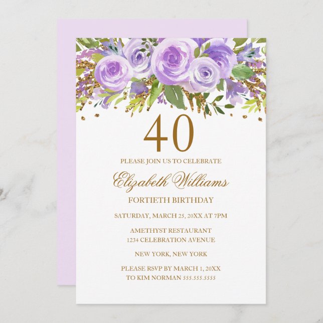 Convite Aniversário de 40 anos Floral Dourado (Frente/Verso)