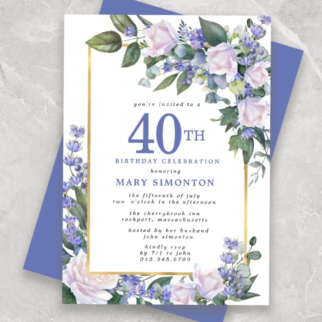 Convite Aniversário de 40 anos Floral Dourado Branco Azul (Criador carregado)
