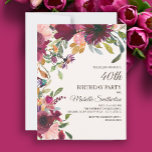 Convite Aniversário de 40 anos Floral Dourado Rosa Elegant<br><div class="desc">Lindo e elegante ameixa, púrpura e rosa, com folhas verdes salgadas, convite de festas botânico de aniversário de 40 anos de aquarelas para mulheres. O texto é uma fonte de pincel de caligrafia dourada e está alinhado no lado direito da placa. Este convite de aniversário vai para a nossa Coleção...</div>