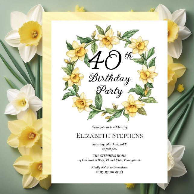 Convite Aniversário de 40 anos Floral Elegante Amarelo (Elegant Yellow Daffodils Floral 40th Birthday Party Invitation -- Print | Download)