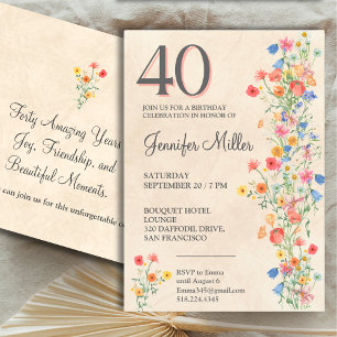 Convite Aniversário de 40 anos Floral Elegante, Flores Sel