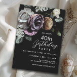 Convite Aniversário de 40 anos Floral Elegante Preto e Rox<br><div class="desc">Comemore em estilo com este elegante Convite para aniversário de 40 anos com flores luxuosas de crepúsculo em cores mistas. Concebido para cativar, este convite apresenta um arranjo luxuoso de florais ricamente coloridos — incluindo rosas, ranúnculos, dahlias, snapdragões, mães e peônias — numa paleta de púrpura profunda, lilases moles, brancos...</div>