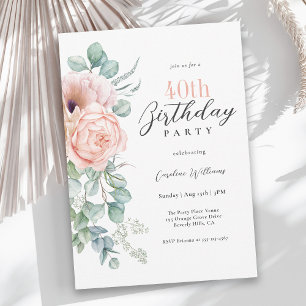 Convite Aniversário de 40 anos Floral em Aquarela Rosa e B