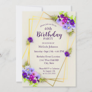 Convite Aniversário de 40 anos Floral Geométrico Pansy