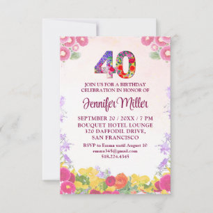Convite Aniversário de 40 anos Floral - Pastel Elegante 40