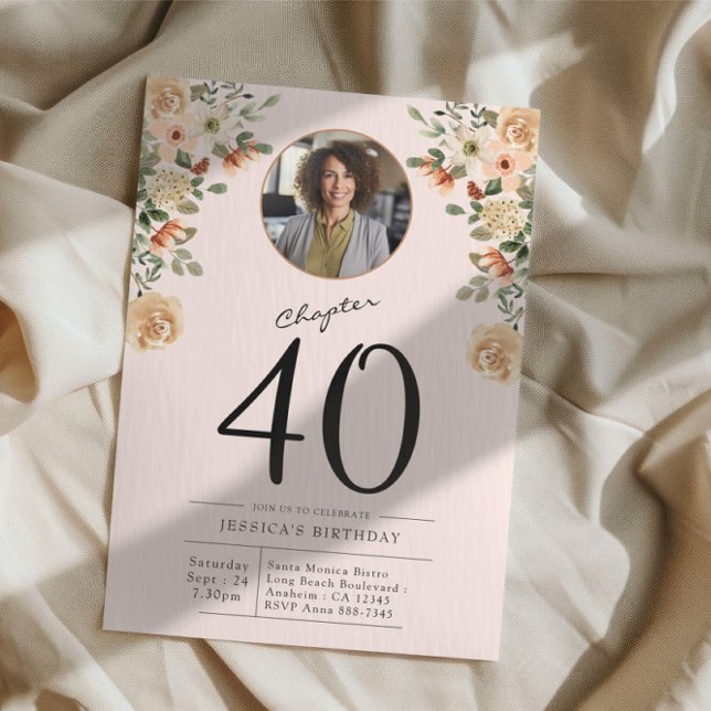 Convite aniversário de 40 anos Floral Photo Party (Custom 40th birthday party invitation in blush pink with photo on cloth background)