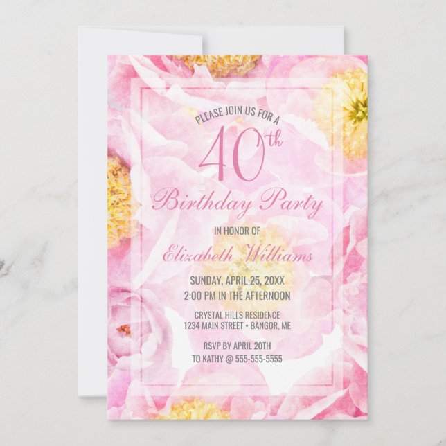 Convite aniversário de 40 anos Floral Pink Peony Watercolo (Frente)