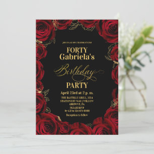 Convite Aniversário de 40 anos Floral Preto Vermelho Doura