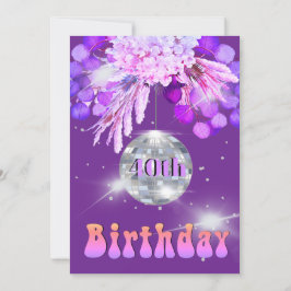Convite aniversário de 40 anos Floral Purple Disco Ball