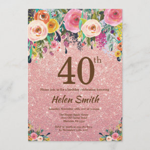 Convite aniversário de 40 anos Floral Rosa Rosa Dourado B