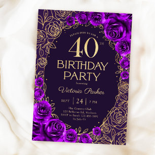Convite Aniversário de 40 anos Floral Roxo Dourado