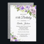 Convite Aniversário de 40 anos Floral Roxo Silver Sparkle<br><div class="desc">Convites florais mais bonito na Loja Little Bayleigh!</div>