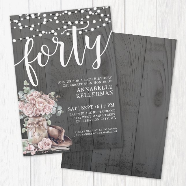 Convite Aniversário de 40 anos Floral Rustic Wood (Rustic Wood Floral 40th Birthday Invitation)