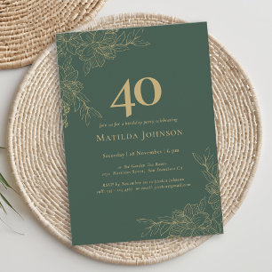 Convite Aniversário de 40 anos Floral Verde Elegante Doura