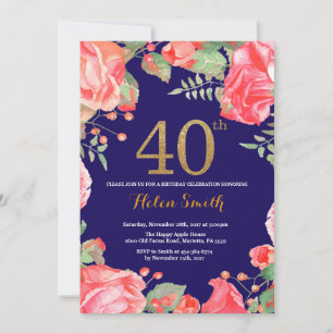 Convite Aniversário de 40 anos Floral Vermelho Dourado Mar