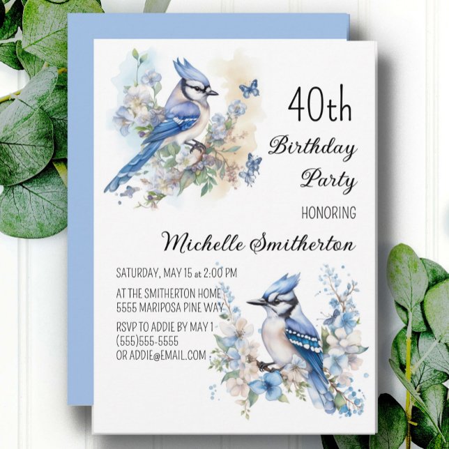 Convite Aniversário de 40 anos Flores de Pássaro Azul Prim (Blue jay and butterflies 40th birthday party customizable invitation for women)