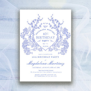 Convite aniversário de 40 anos French Vintage Blue Floral