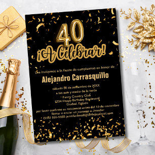 Convite Aniversário de 40 anos Glam Black e Dourado Confet