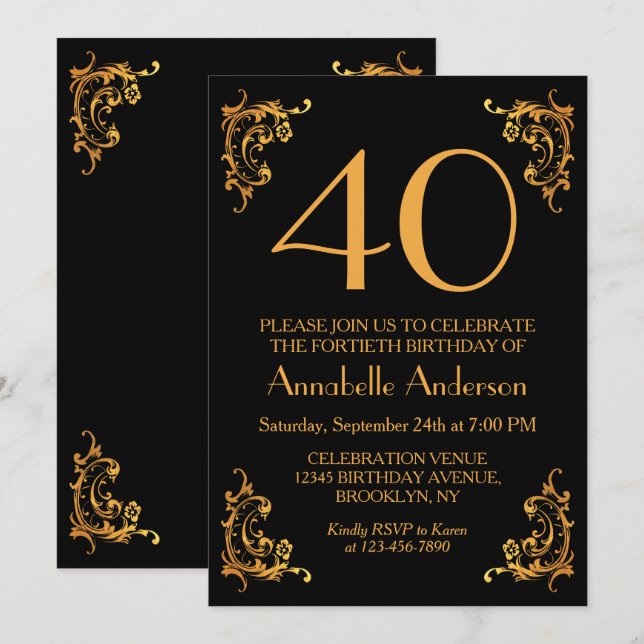 Convite aniversário de 40 anos Glam Moderno, Dourado, Retr (Frente/Verso)