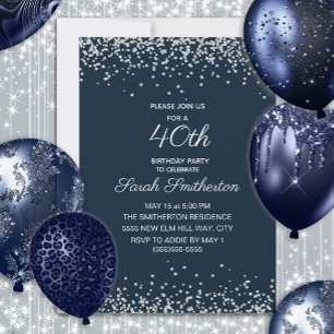 Convite Aniversário de 40 anos Glitter Diamante Azul Marin