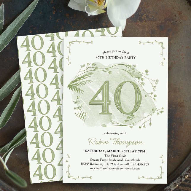 Convite aniversário de 40 anos Green Dacil Wildflower núme (40th Birthday Invitation - buy professionally printed or as digital download for printing or sharing)