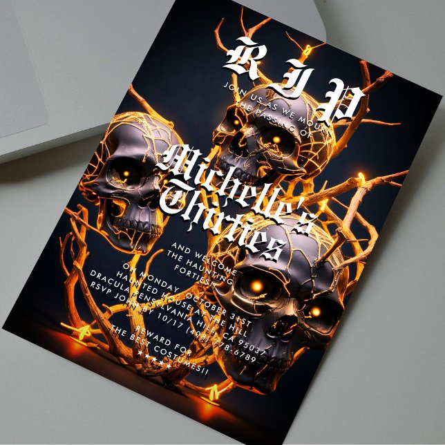 Convite aniversário de 40 anos Halloween Party RIP 30 Skul (40th Birthday Halloween Party RIP 30 Skull Modern Invitation
)