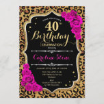 Convite aniversário de 40 anos - Impressão do Leopardo de<br><div class="desc">Convite para aniversário de 40 anos. Design preto rosa elegante com ouro brilhante. Apresenta impressões de animais de chita leopardo,  fontes de script e rosas de fuschia rosa-quente. Perfeito para uma bolsa mensageifesta de aniversario elegante. Pode ser personalizado em qualquer ano! Envie-me uma mensagem se precisar de mais personalização.</div>