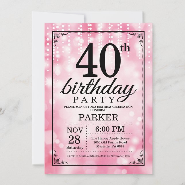 Convite aniversário de 40 anos Invitation Pink Glitter (Frente)