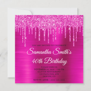 Convite Aniversário de 40 anos Magenta Glitter Drips Hot P