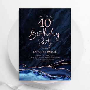 Convite Aniversário de 40 anos Marinho Azul Rosa Dourado A