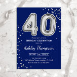 Convite aniversário de 40 anos - Marinho dos Balões de Pra<br><div class="desc">convite de festas aniversário de 40 anos. Design elegante em cinza brilhante e azul marinho. O convite apresenta o número prateado 30 balões e a fonte do script. Perfeito para uma comemoração de na moda. Envie-me uma mensagem se precisar de idade personalizada.</div>
