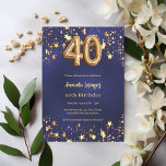 Convite aniversário de 40 anos marinho estrelas douradas a<br><div class="desc">Um convite moderno e na moda para um aniversário de 40 anos. Um fundo azul marinho,  decorado com estrelas ouros. A cor azul é irregular. Personalize e adicione seu nome e detalhes da festa.</div>