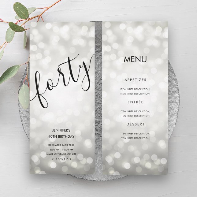 Convite aniversário de 40 anos Menu Silver Gliter Lights (40th Birthday Menu Silver Glitter Lights Invitation)