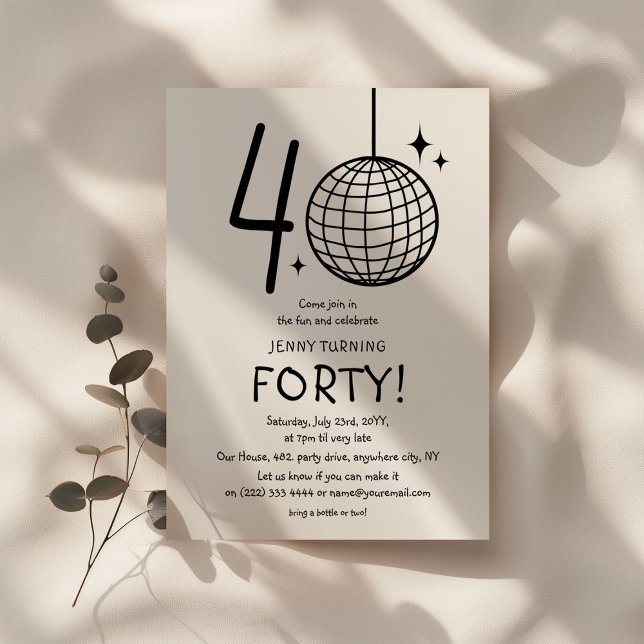 Convite Aniversário de 40 anos Minimal Doodle Disco Ball (Criador carregado)