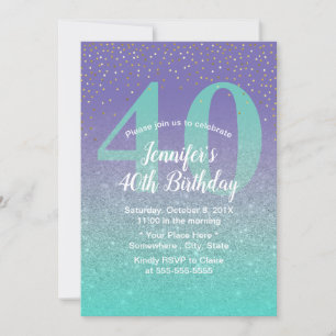 Convite aniversário de 40 anos Modern Teal & Purple Glitt