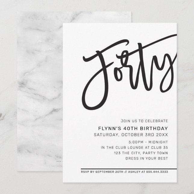 Convite ANIVERSÁRIO DE 40 ANOS MODERNO SCRIPT branco preto (Frente/Verso)