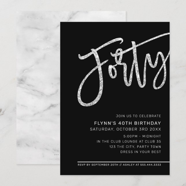 Convite ANIVERSÁRIO DE 40 ANOS MODERNO SCRIPT preto pratea (Frente/Verso)