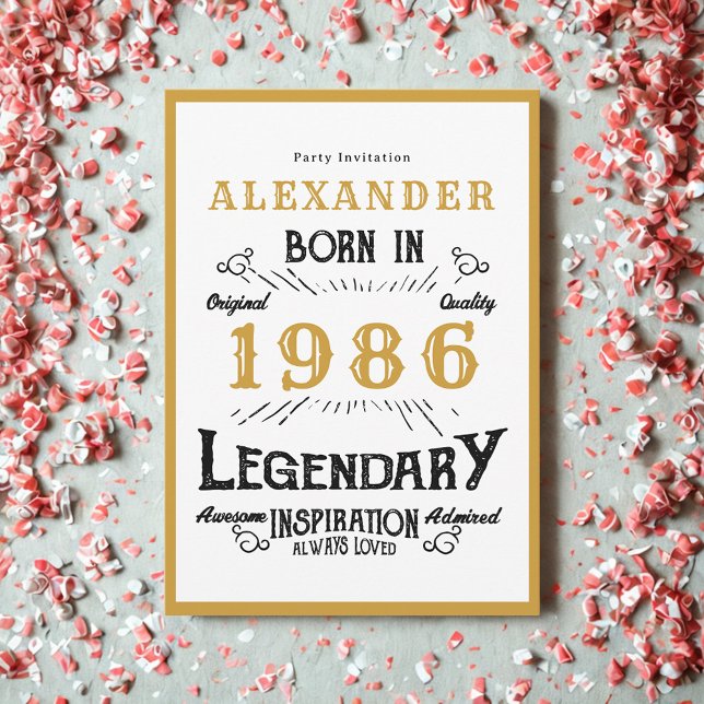 Convite Aniversário de 40 anos Nascido em 1986 Lenda de Ou (Born 1986 birthday invitation.)