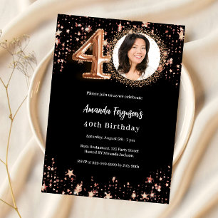 Convite aniversário de 40 anos negro rosa dourado estrelas