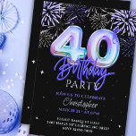 Convite aniversário de 40 anos para o Balão Azul de Foil d<br><div class="desc">Comemore um aniversário de marco em estilo com nosso convite personalizado de aniversário de 40 anos com números de balões de folha de alumínio iridescente azul! Esta elegante design mostra um fundo preto adornado com uma espantosa camada de fogos de artifício e estrelas azuis, roxos, prateados, fazer a escolha perfeita...</div>