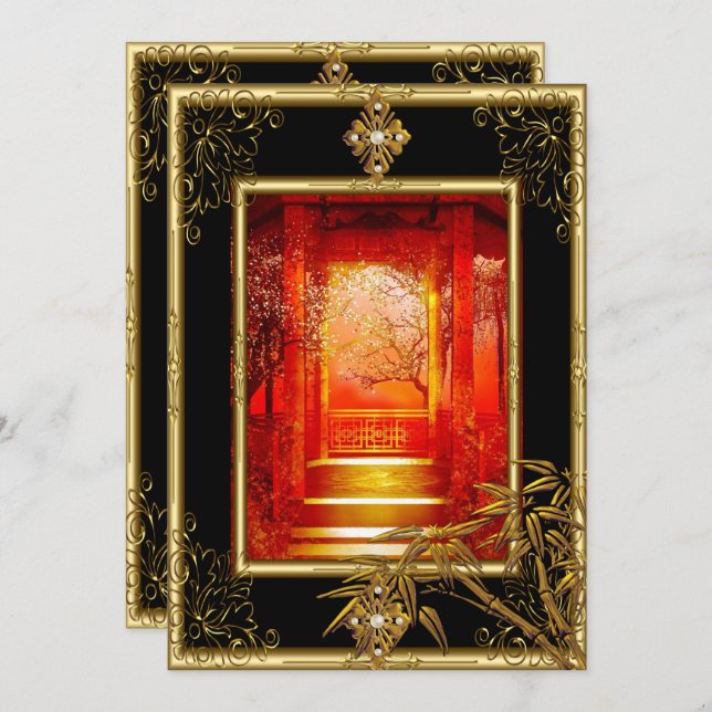 Convite aniversário de 40 anos Party Asian View Dourada Ba (Frente/Verso)