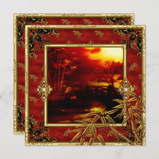 Convite aniversário de 40 anos Party Asian View Dourada Ba (Frente/Verso)