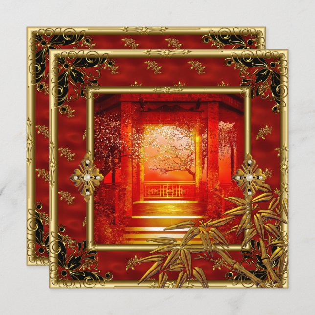 Convite aniversário de 40 anos Party Asian View Dourada Ba (Frente/Verso)