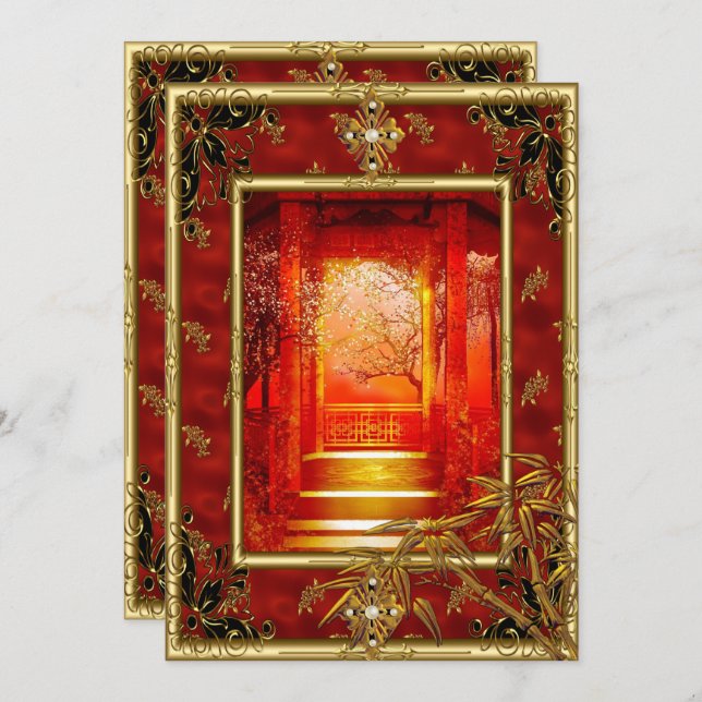 Convite aniversário de 40 anos Party Asian View Dourada Ba (Frente/Verso)