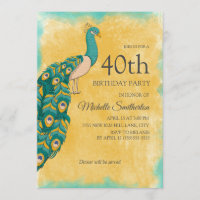 Aniversário de 40 anos Pavão Aquarela Azul-Verde A