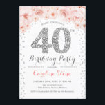 Convite aniversário de 40 anos - Prata branca rosa<br><div class="desc">design Elegante do Convite de festas aniversário de 40 anos em prata brilhante falso,  rosa e branco. Na moda floral com diamantes e rosas. Perfeito para uma comemoração de vidro. Envie-me uma mensagem se precisar de mais personalização.</div>