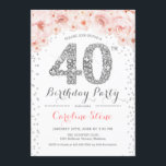 Convite aniversário de 40 anos - Prata branca rosa<br><div class="desc">design Elegante do Convite de festas aniversário de 40 anos em prata brilhante falso,  rosa e branco. Na moda floral com diamantes e rosas. Perfeito para uma comemoração de vidro. Envie-me uma mensagem se precisar de mais personalização.</div>