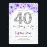 Convite aniversário de 40 anos - Prata branca - Roxo<br><div class="desc">design Elegante Convite de festas aniversário de 40 anos em prata brilhante falso,  roxo e branco. Na moda floral com diamantes e rosas. Perfeito para uma comemoração de vidro. Envie-me uma mensagem se precisar de mais personalização.</div>